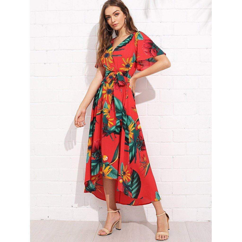 Trumpet Sleeve Surplice Neck Floral Dress