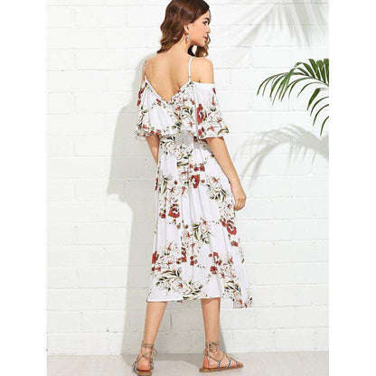 Wrap Front Cold Shoulder Floral Dress