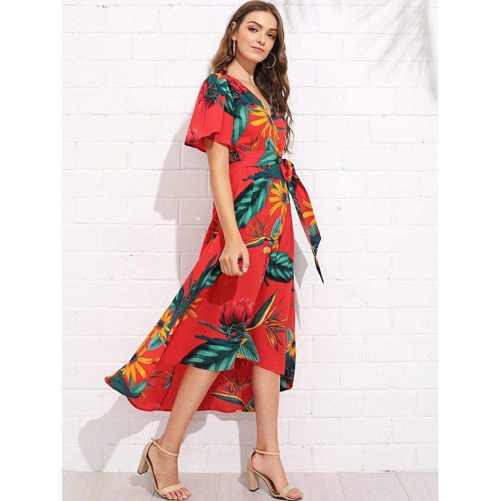 Trumpet Sleeve Surplice Neck Floral Dress