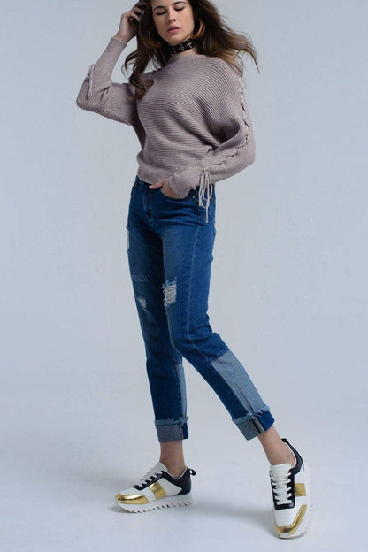 Beige crop sweater with tie ribbons