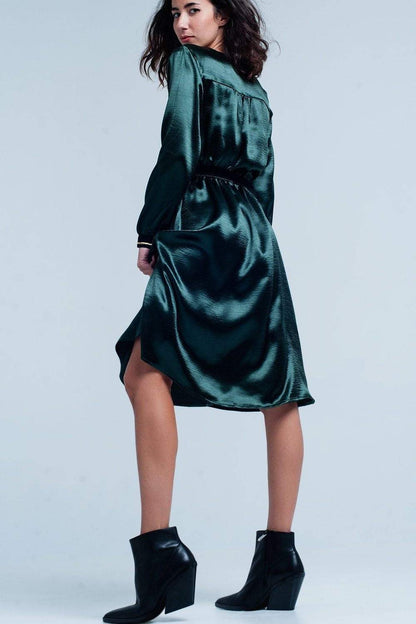 Green Satin party  midi Dress