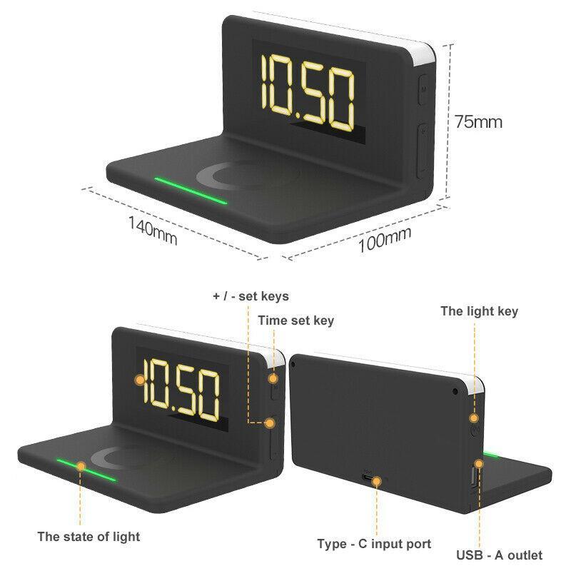 10W Fast Wireless Charging Digital Alarm Clock with Temperature light