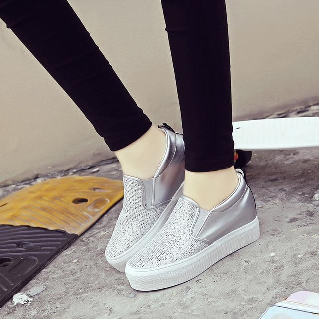 Female Women Mujer Fashion Rhinestone Paillette Adorn Plimsolls Heighten Thicken Soled Casual Moccasins Flat Shoes