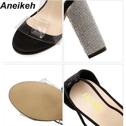 Aneikeh Women High Heels Sandals Square Heels Crystal Heeled Platform Shoes