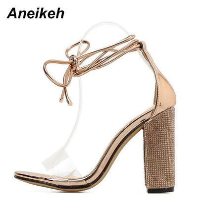 Aneikeh Women High Heels Sandals Square Heels Crystal Heeled Platform Shoes