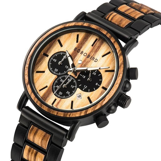 Wooden Watch Men - Luxury Stylish Wood Timepieces Chronograph Military Quartz Watches in Wood Gift Box