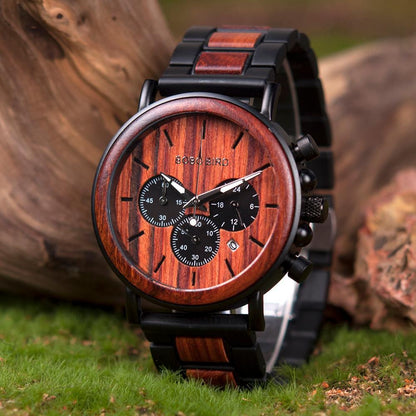 Wooden Watch Men - Luxury Stylish Wood Timepieces Chronograph Military Quartz Watches in Wood Gift Box