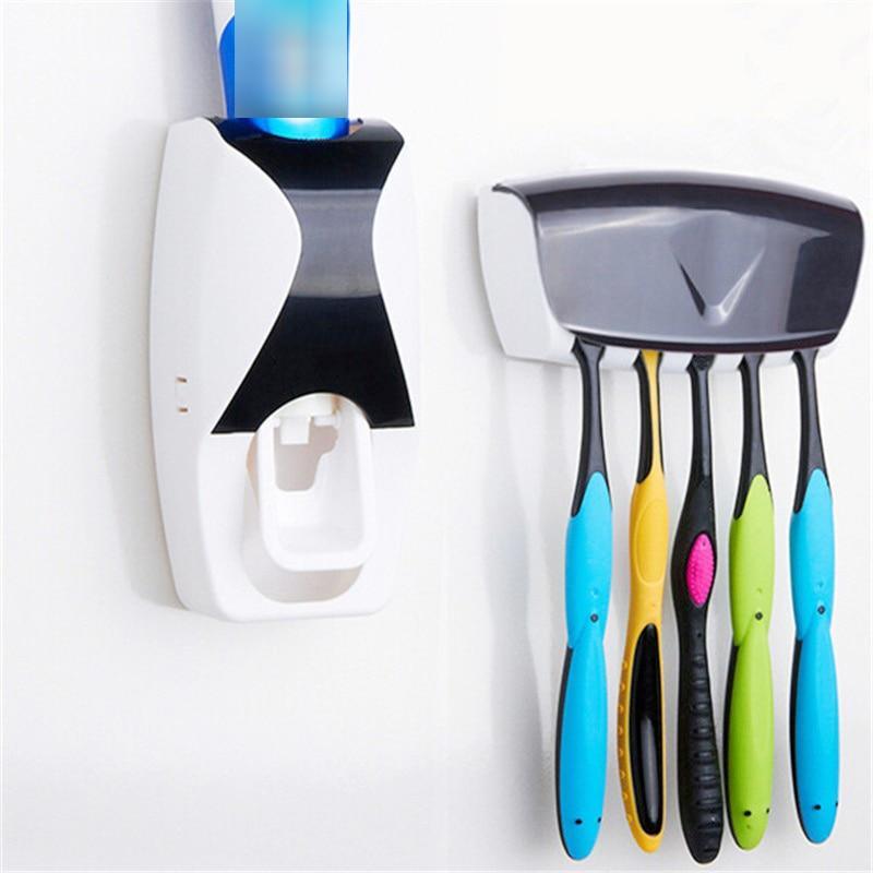 Bathroom Gadgets Automatic Toothpaste Dispenser + 5pcs Toothbrush Holder Set Wall Mount Rack Bath Oral Bathroom Accessories