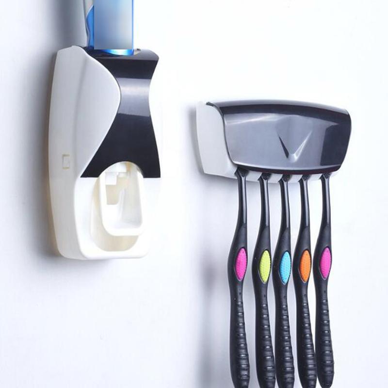 Bathroom Gadgets Automatic Toothpaste Dispenser + 5pcs Toothbrush Holder Set Wall Mount Rack Bath Oral Bathroom Accessories