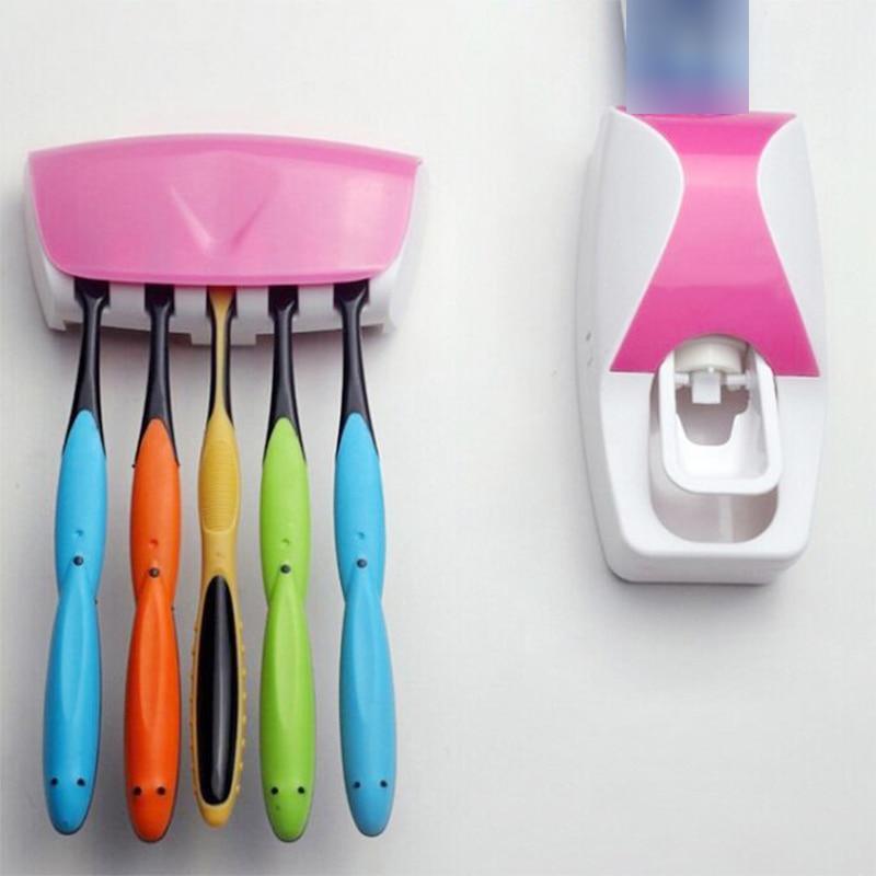 Bathroom Gadgets Automatic Toothpaste Dispenser + 5pcs Toothbrush Holder Set Wall Mount Rack Bath Oral Bathroom Accessories