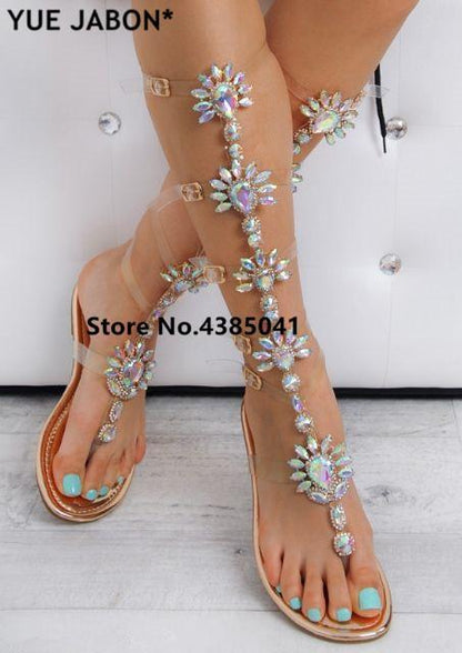Bohemia Style  Flats Sandal Gladiator Gold Rhinestone Knee High Buckle Strap Woman Boots