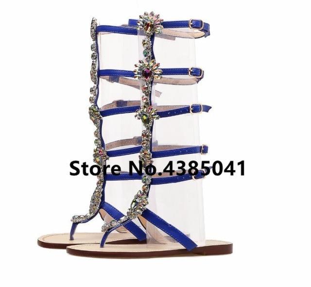 Bohemia Style  Flats Sandal Gladiator Gold Rhinestone Knee High Buckle Strap Woman Boots