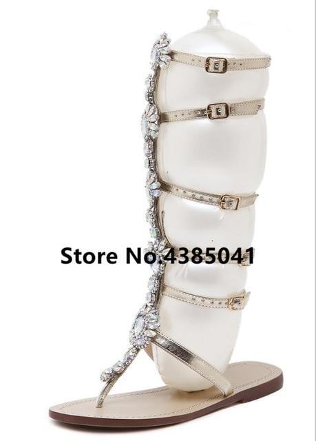 Bohemia Style  Flats Sandal Gladiator Gold Rhinestone Knee High Buckle Strap Woman Boots