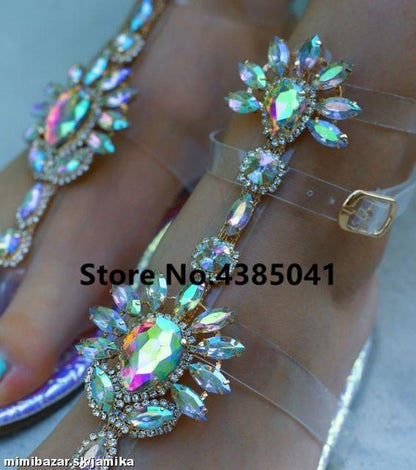 Bohemia Style  Flats Sandal Gladiator Gold Rhinestone Knee High Buckle Strap Woman Boots