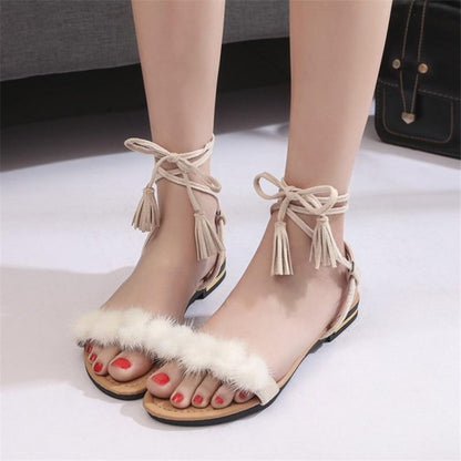 Real Fur Ankle Strap Gladiator Sandals
