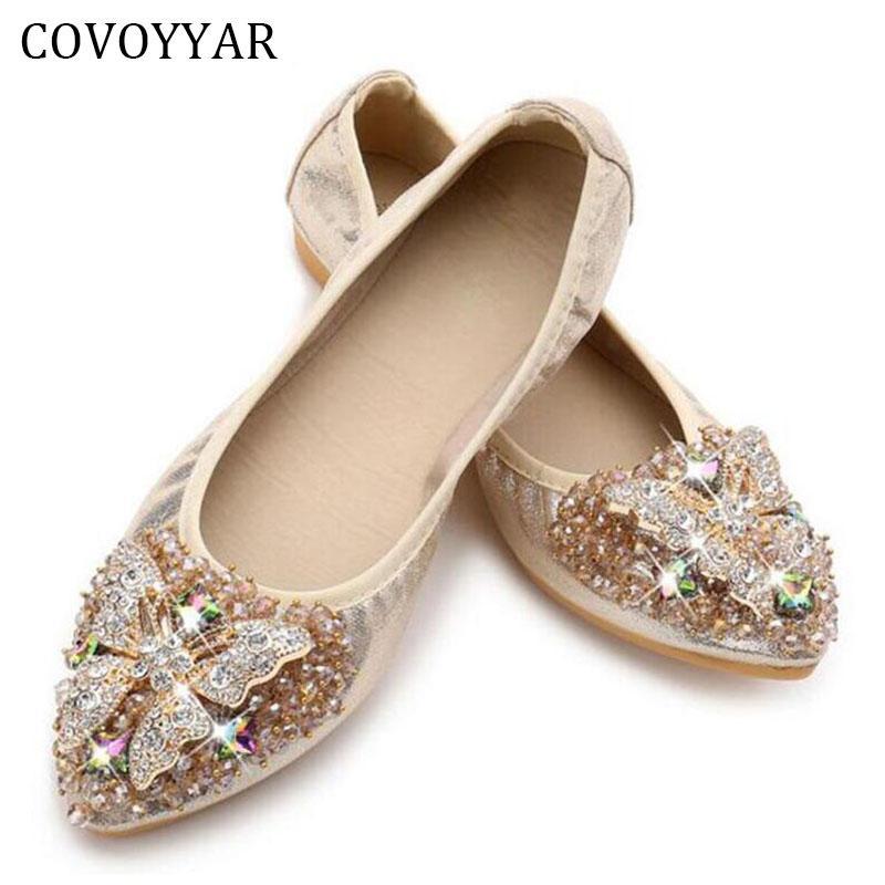 Luxury Rhinestone Ballet Flat Shoes Women Butterfly Pointed Toe Golden Shoes Loafers