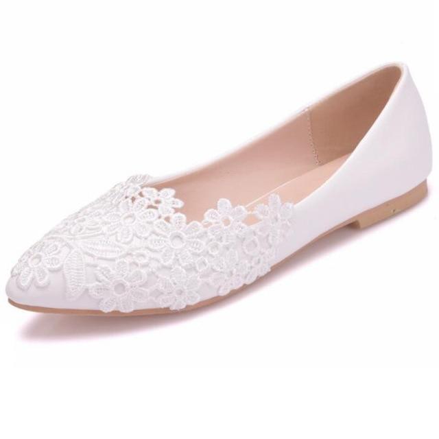 White Lace Wedding Shoes Women  Flowers Bride Shoes