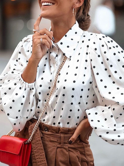 Women Polka Dot Loose Top Lantern Sleeve