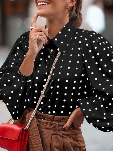 Women Polka Dot Loose Top Lantern Sleeve