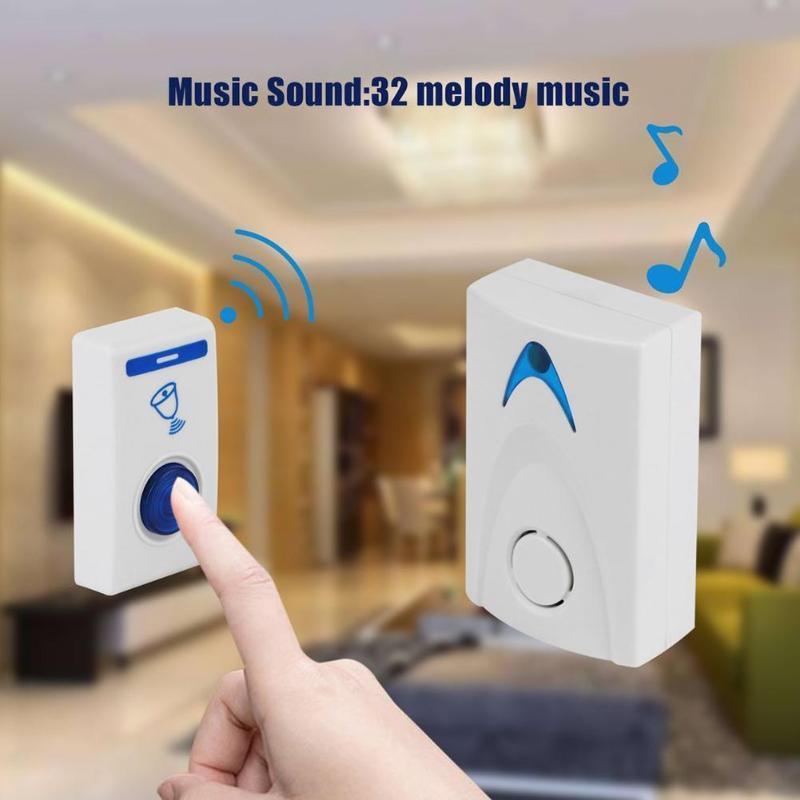 DC3V LED Wireless Chime Doorbell Battery Powered 32 Tune Songs 1 Remote Control 1 Wireless Home Security Smart Doorbells White