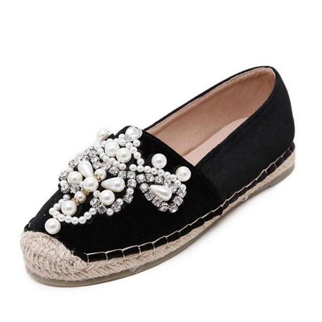 Women Loafer Round Toe Espadrilles Pearl Comfortable Hemp Bottom Women Shoes