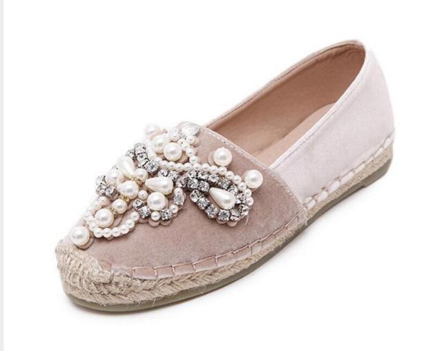 Women Loafer Round Toe Espadrilles Pearl Comfortable Hemp Bottom Women Shoes