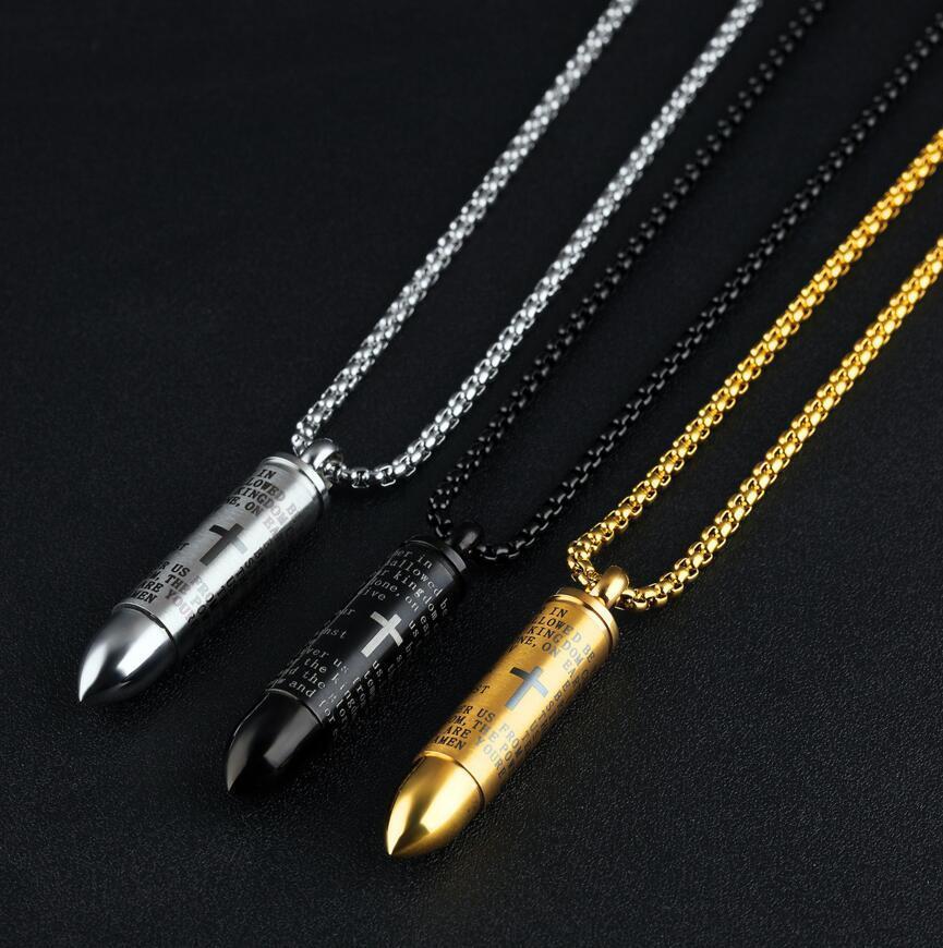 Lords Prayer Bullet Stainless Steel Cross Pendant Necklace Ashes Urn