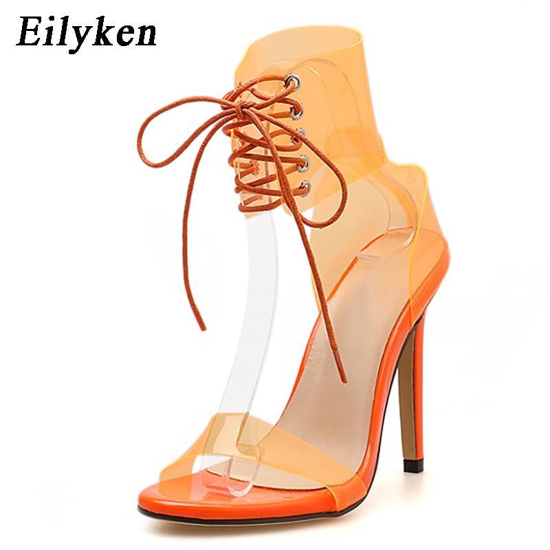 PVC Jelly Lace-Up Sandals Open Toed High Heels Sexy Women Transparent Heel Sandals