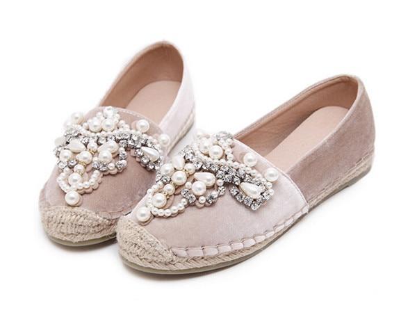 Women Loafer Round Toe espadrilles Pearl Comfortable Hemp Bottom Women Flats Shoes