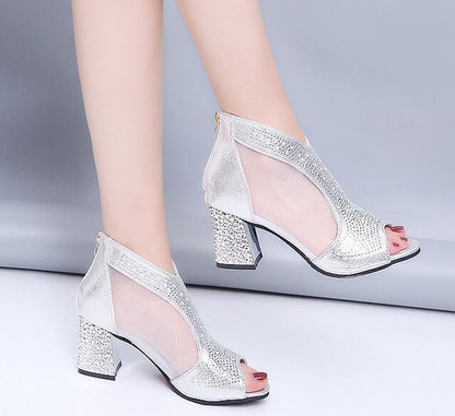 Women Sandals Bling 7cm High Heels Diamond Summer Square Heel Women Shoes