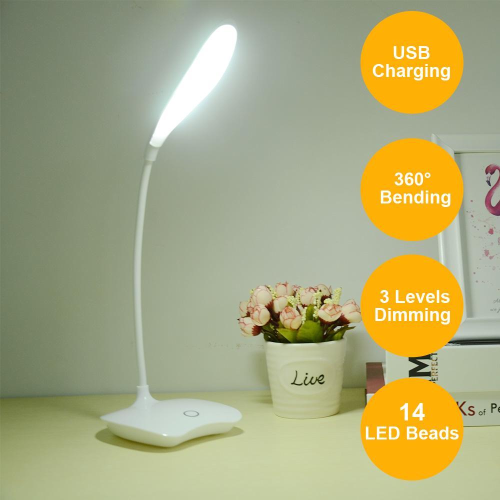 Flexible 14 LED Stand Desk Lamp Modern Touch Switch 3 Modes Dimmer USB Rechargeable Reading Study Light Table Lamp for Bedroom