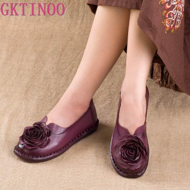 Casual Genuine Leather Flat Shoe Women Shoe Flower Slip On Driving Shoe