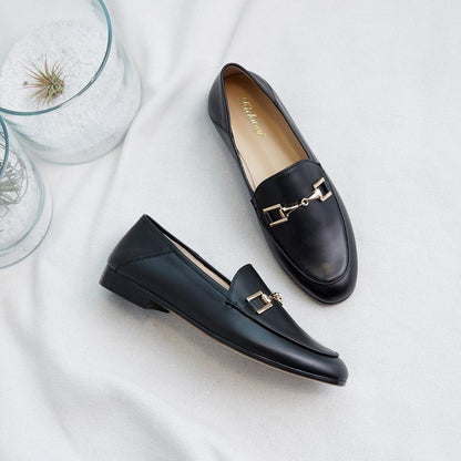 Genuine Leather Flats Shoes Women Black Flats Woman Metal Decoration Shoes