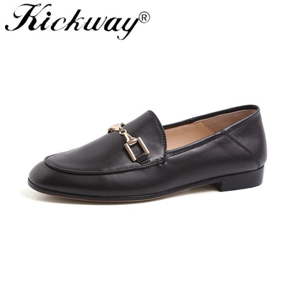 Genuine Leather Flats Shoes Women Black Flats Woman Metal Decoration Shoes