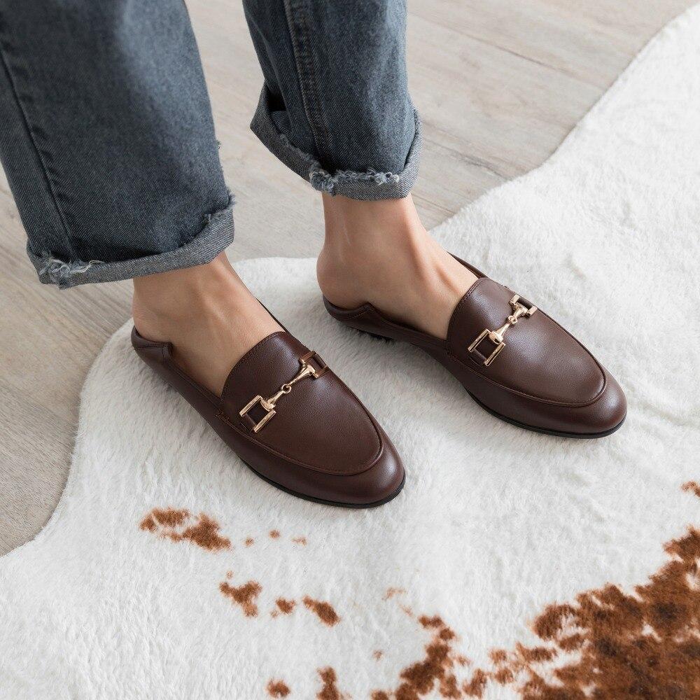 Genuine Leather Flats Shoes Women Black Flats Woman Metal Decoration Shoes