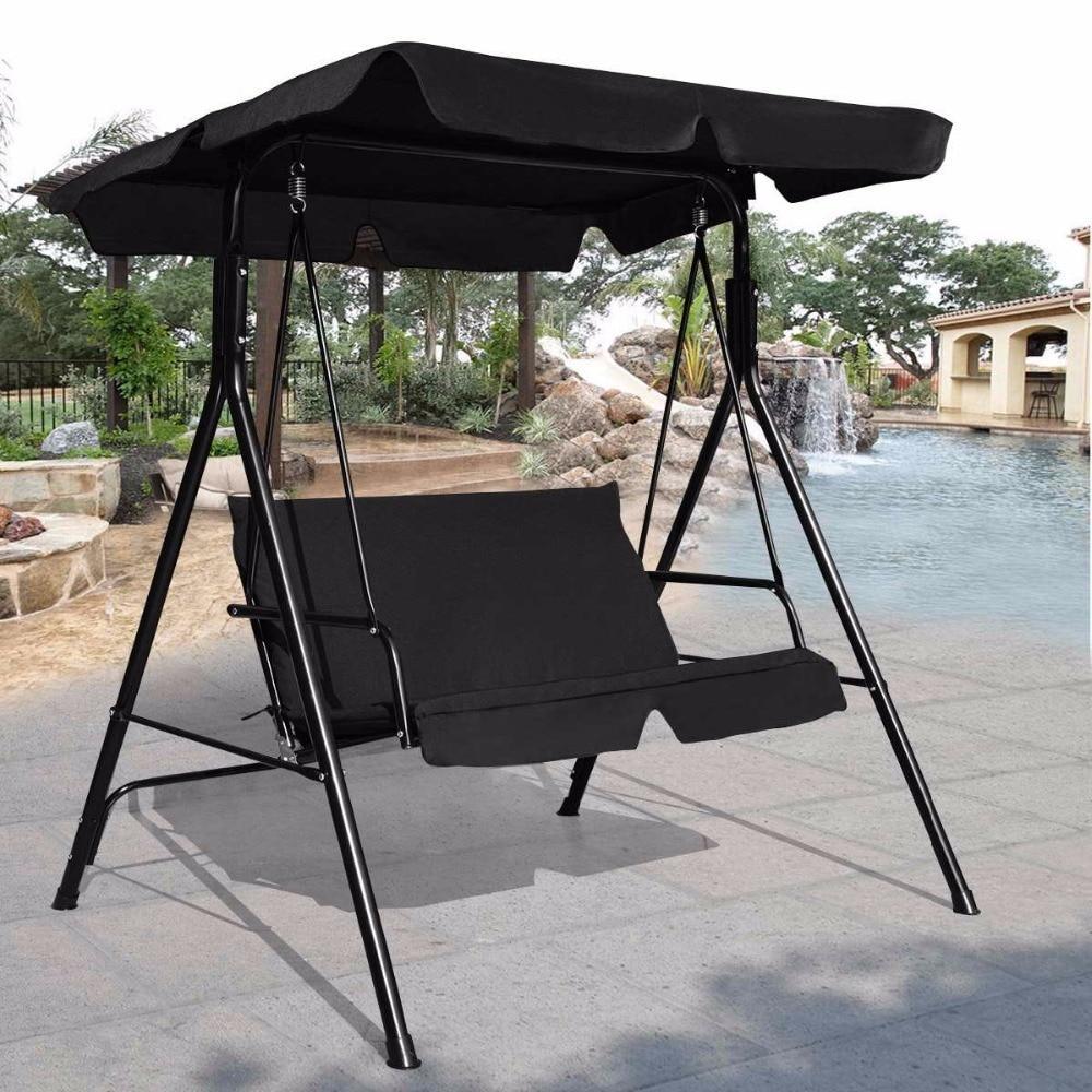 Outdoor Patio Loveseat Canopy Swing, Cushioned Steel Frame 2-person Swinging Bench