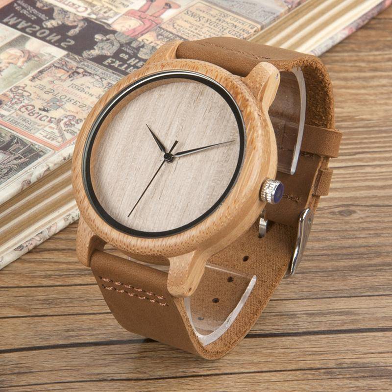 Mens Watch Wooden Bamboo Wristwatch with Leather Strap