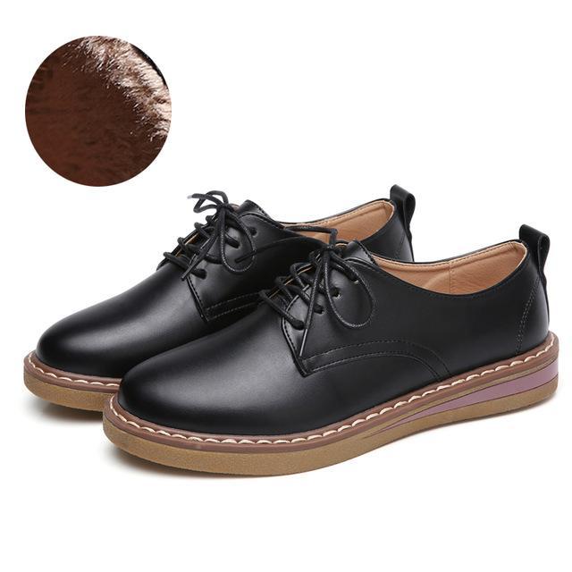 women oxford shoes warming fur women's genuine leather shoes Large Size Ladies loafers