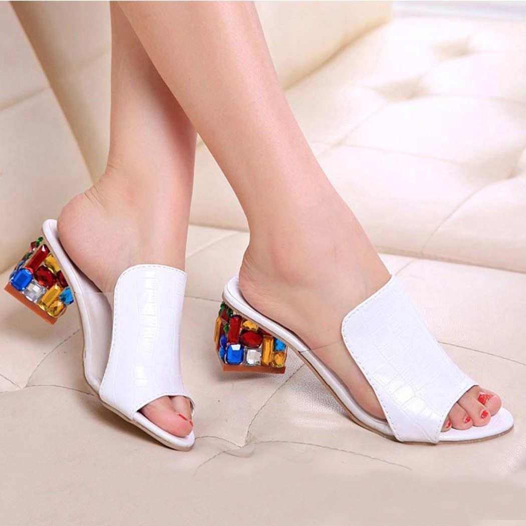 Elegant Crystals Chunky Heels Woman Sandals