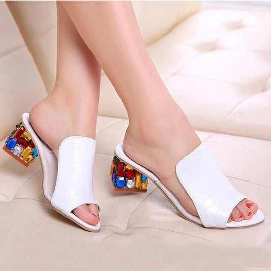 Elegant Crystals Chunky Heels Woman Sandals
