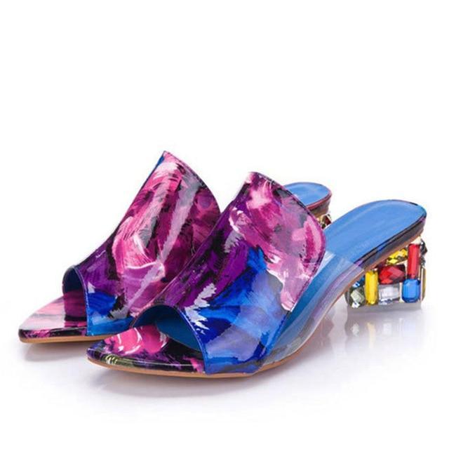 Brand Large Sizes 34-41 Colorful Rhinestone Crystals Heels Peep Toe Summer Women'S Shoes