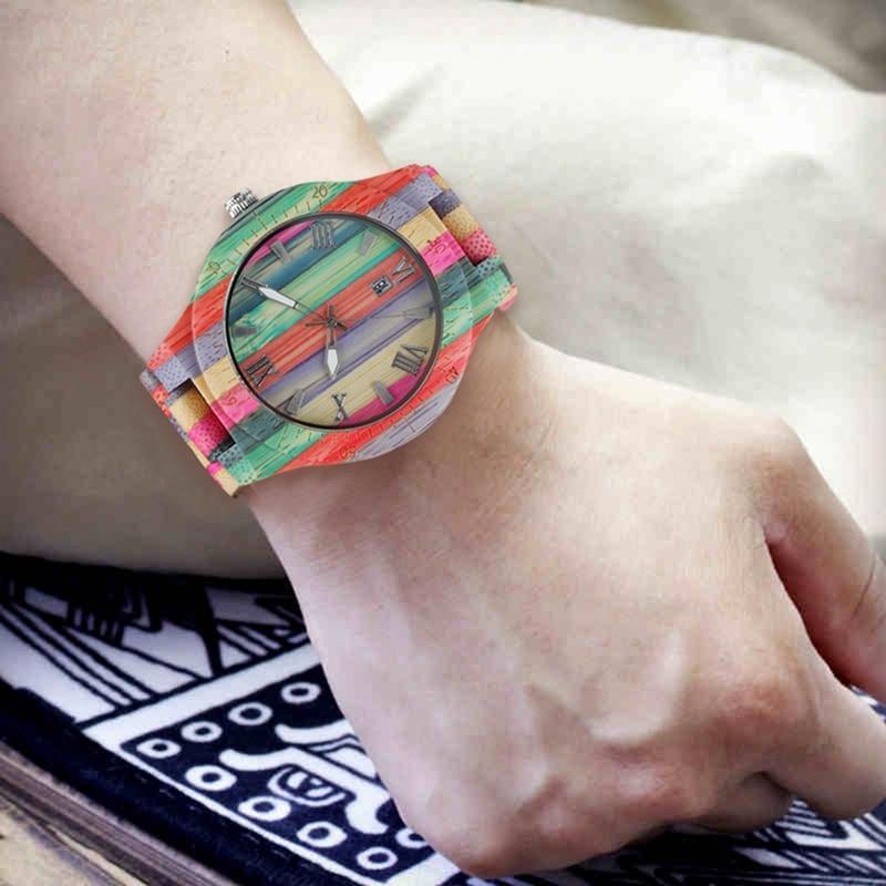 Men Women Fashion Colorful Wood Bamboo Watch Quartz Analog Handmade Full Wooden Bracelet Luxury Wristwatches  Gifts for Lovers
