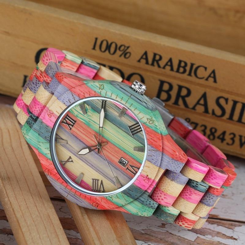Men Women Fashion Colorful Wood Bamboo Watch Quartz Analog Handmade Full Wooden Bracelet Luxury Wristwatches  Gifts for Lovers