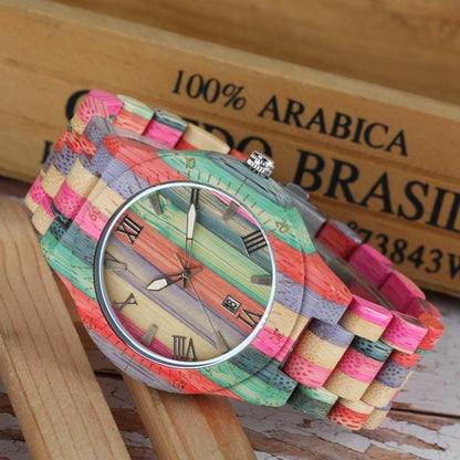 Men Women Fashion Colorful Wood Bamboo Watch Quartz Analog Handmade Full Wooden Bracelet Luxury Wristwatches  Gifts for Lovers