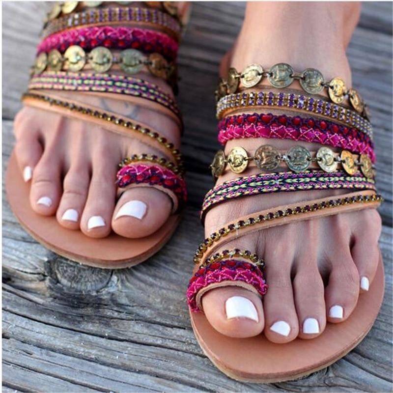 Women Flat Sandals Celebrity Bohemian Handmade Beaded Rhinestones Women's Shoes