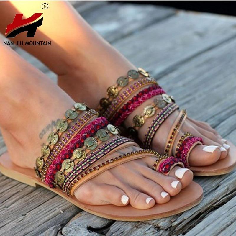 Women Flat Sandals Celebrity Bohemian Handmade Beaded Rhinestones Women's Shoes