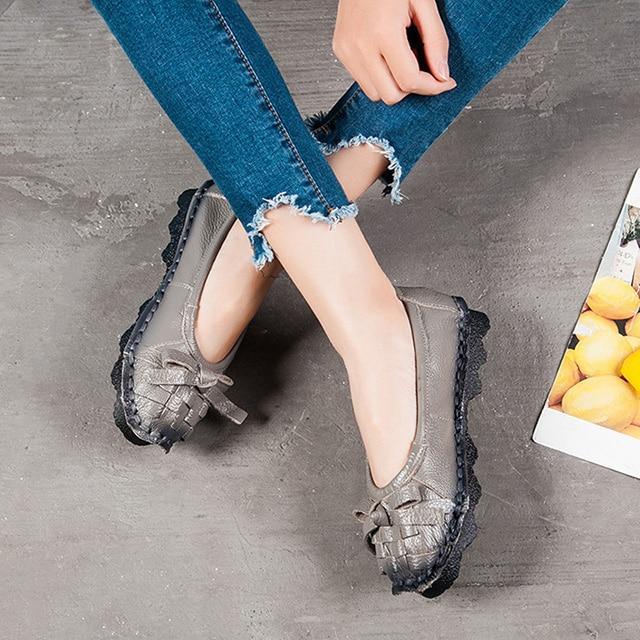 New Women Flats Genuine Leather Shoes Women Casual Shoes Retro Flower Flat Women Shoes