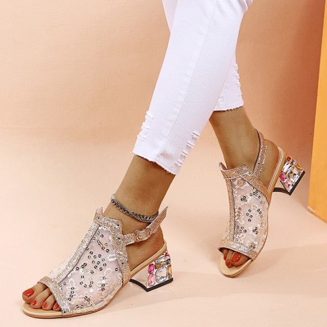 High Heel Woman Sandals Gold Open Toe Sandal Lace Dress Shoes