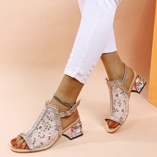 High Heel Woman Sandals Gold Open Toe Sandal Lace Dress Shoes