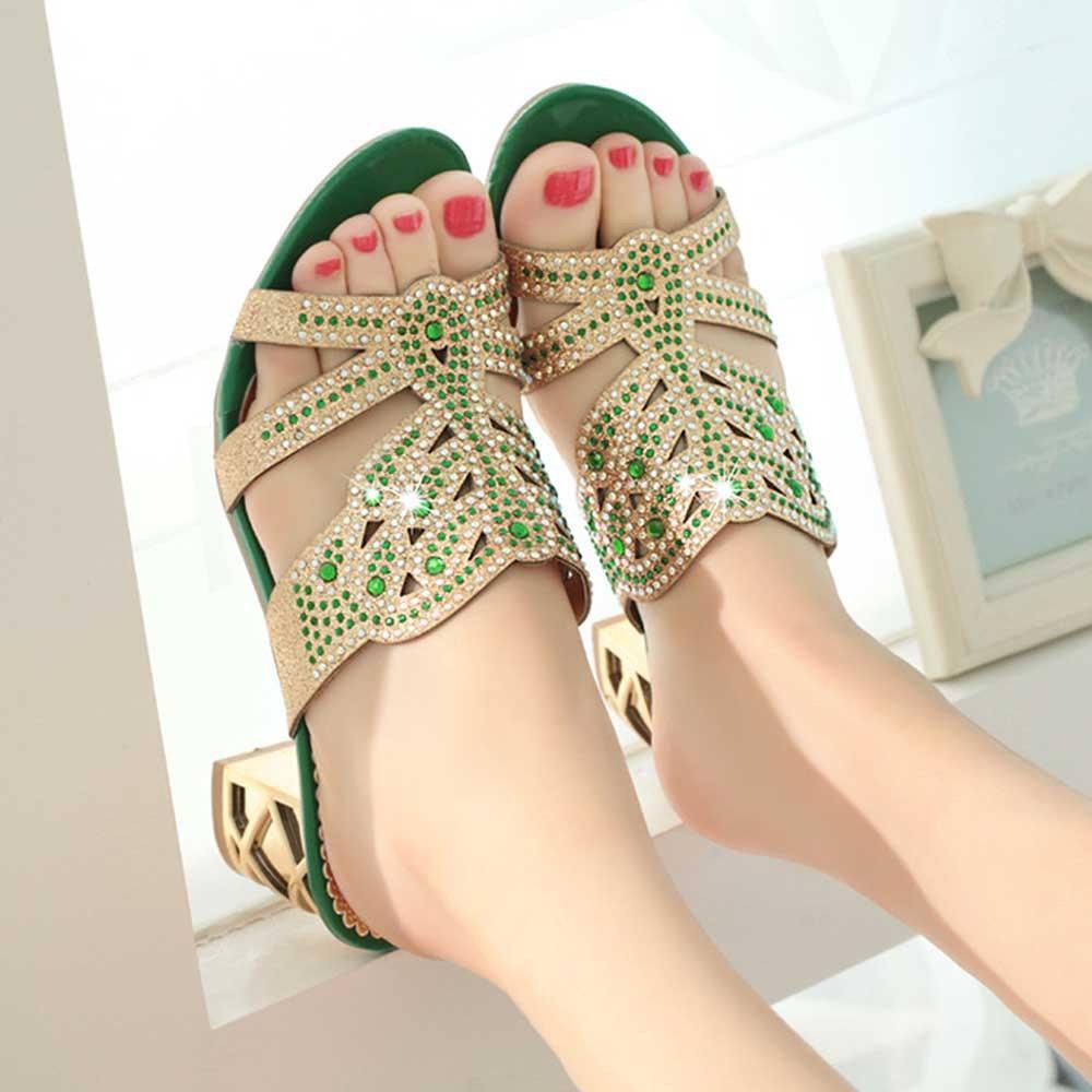Open Toe Chunky Heels Women Sandals Leather Rhinestones Party Shoes Girls Crystals Casual Beach Flip Flops